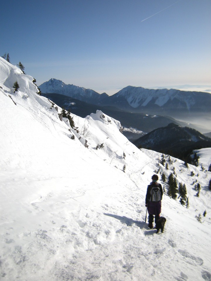 Košuta, spust po strminah Kofce gore, pogled na Storžič in Tolsti vrh 