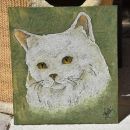 Bela mačka, 24 x 27 cm, tehnika: barva, pomešana s peskom  IC = 20 eur