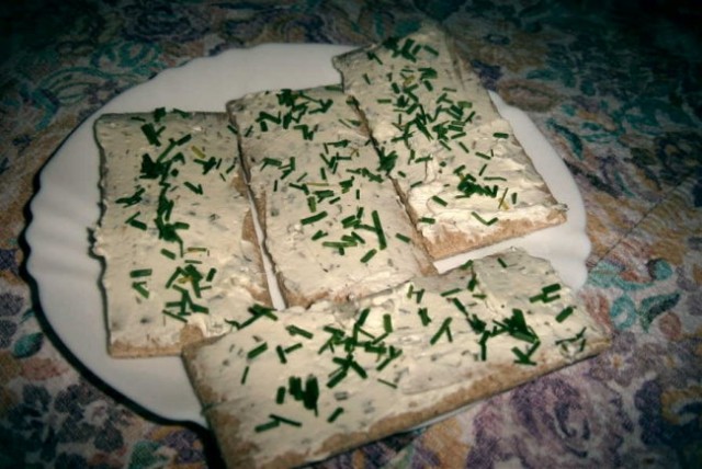 Malica:
hrustljave ploščice s sirno zelenjavnim namazom, posute z drobnjakom